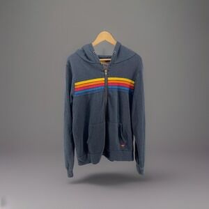 Aviator Nation Rainbow Stripe Hoodie Gray Zip Unisex XL No Drawstrings